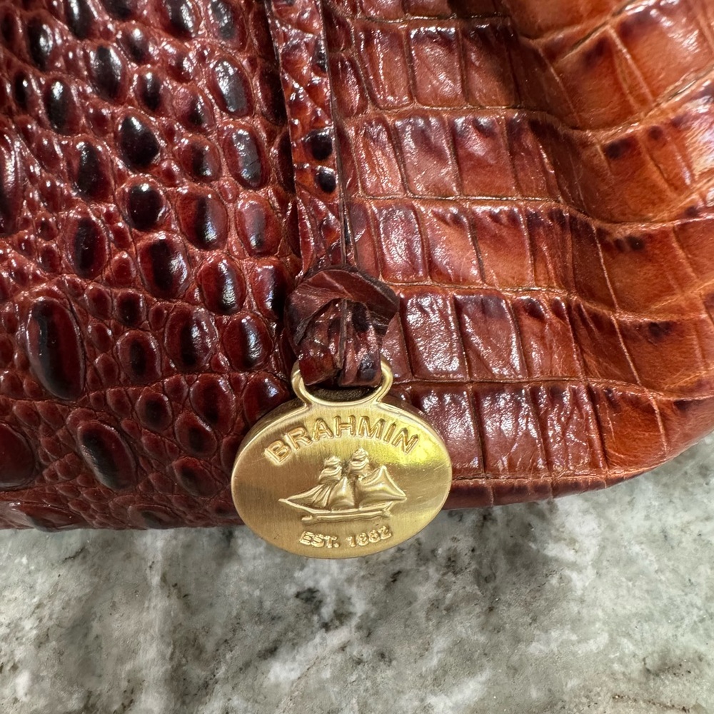 Brahmin Chestnut Croc-Embossed Shoulder Bag with Gold Medallion